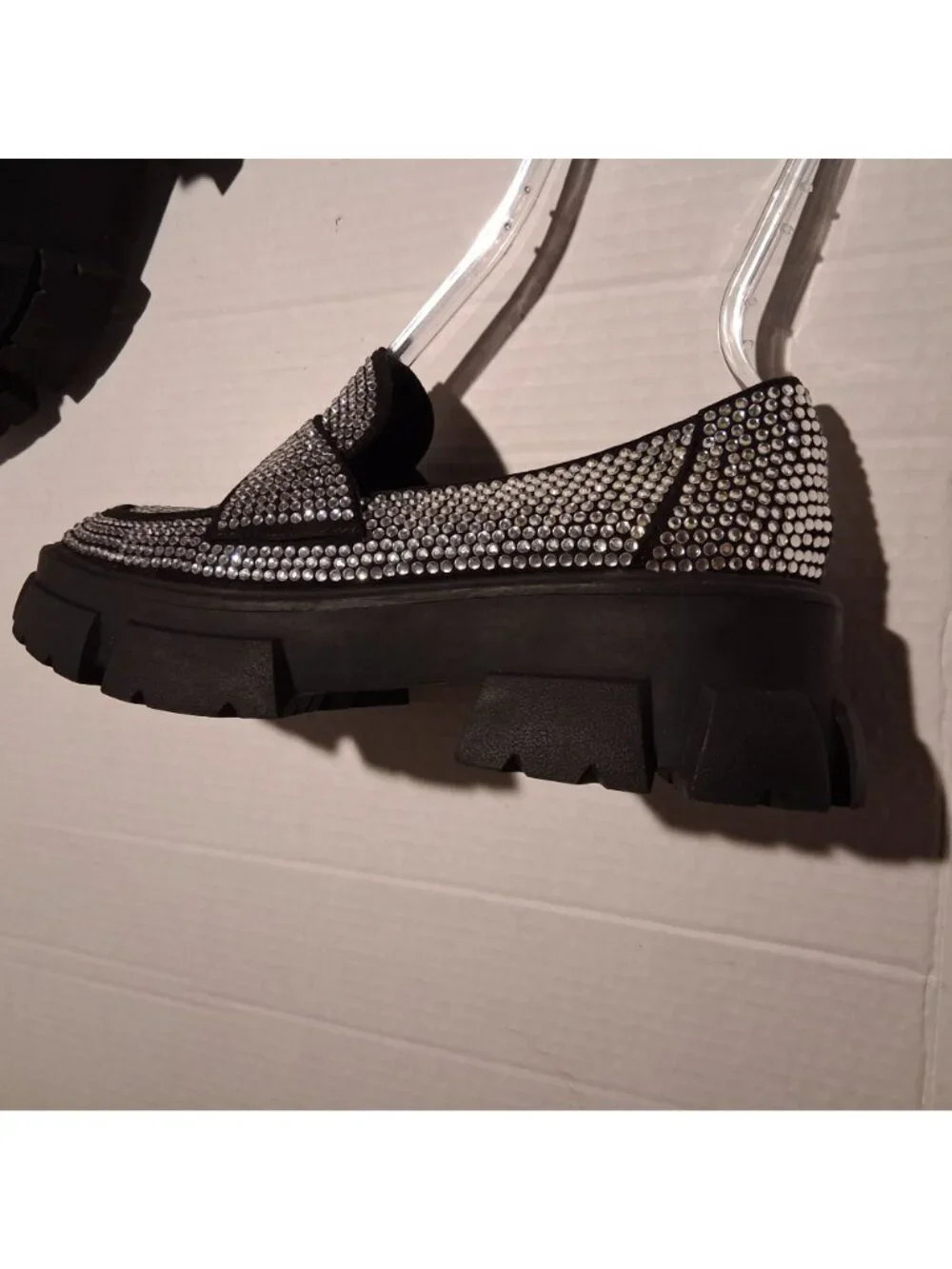 Rhinestone-Embellished Chunky Black Loafers w/ Lug Sole Strap - Women-SIZE: 10